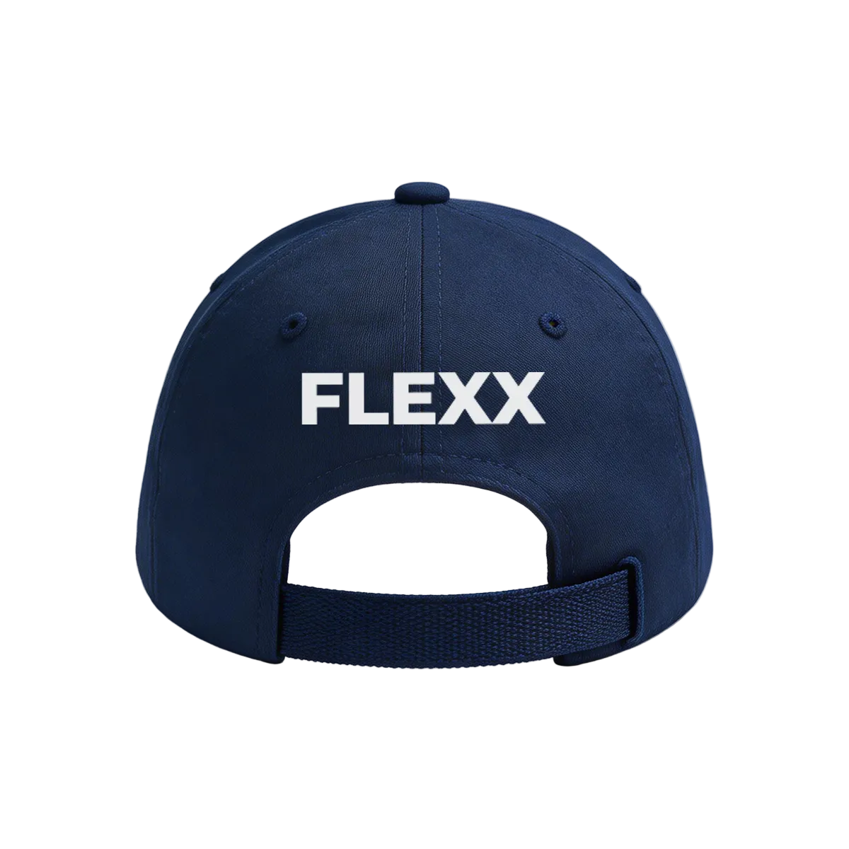 Navy blue cap with 'FLEXX' logo on a light gray background