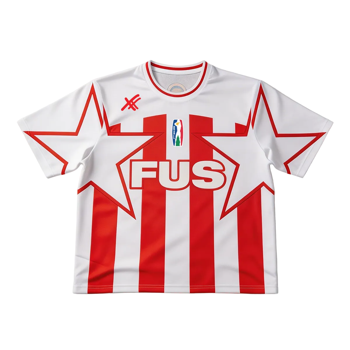 White sports jersey with red accents and 'FUS' branding on a light gray background