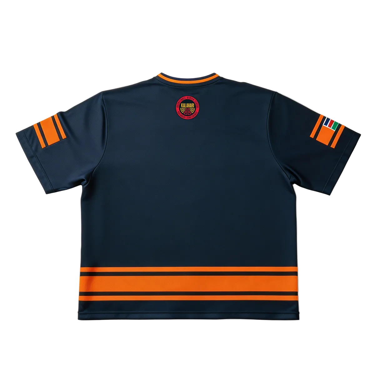 Navy blue sports jersey with orange accents on a light gray background