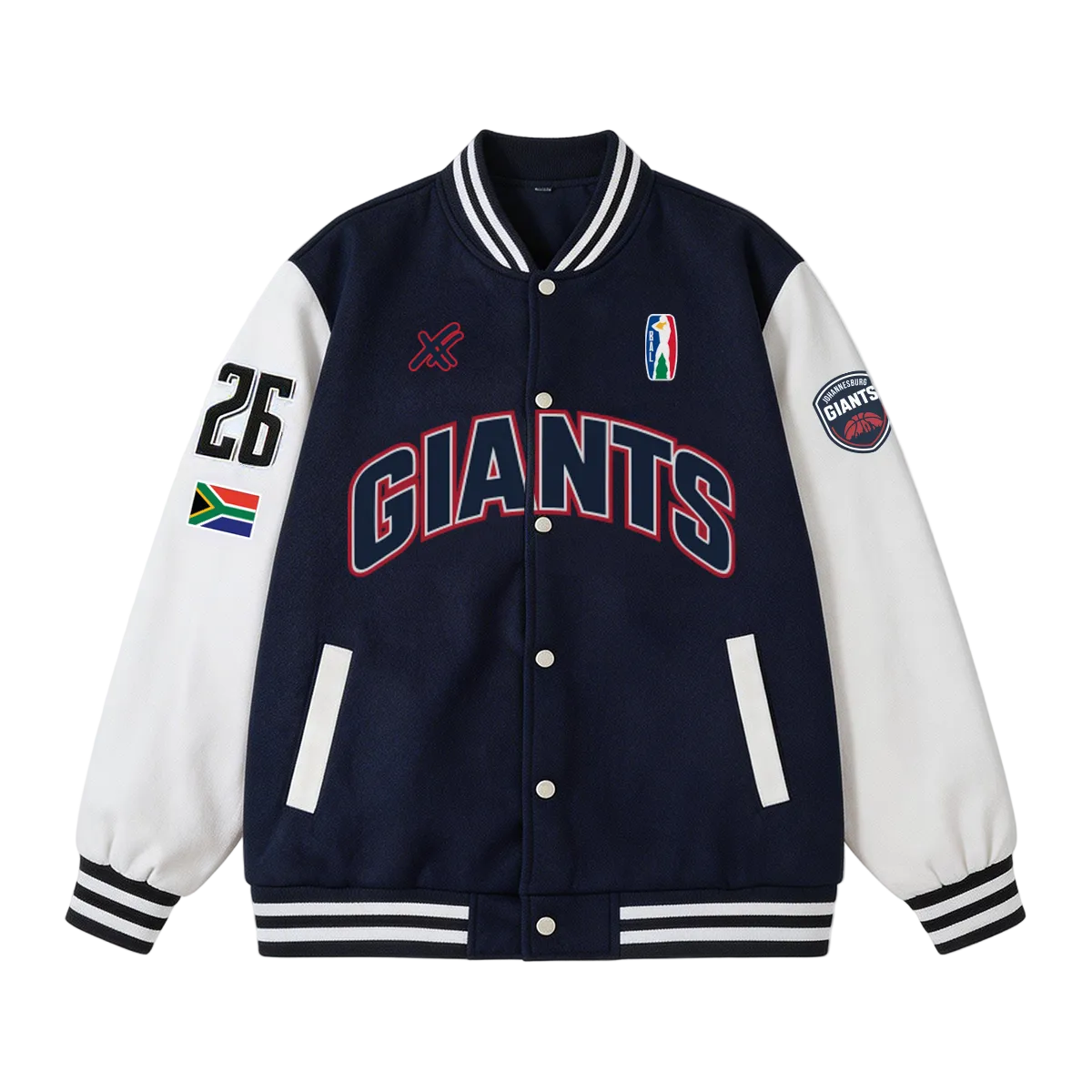 Navy and white varsity jacket with 'Giants' text and various patches on a white background