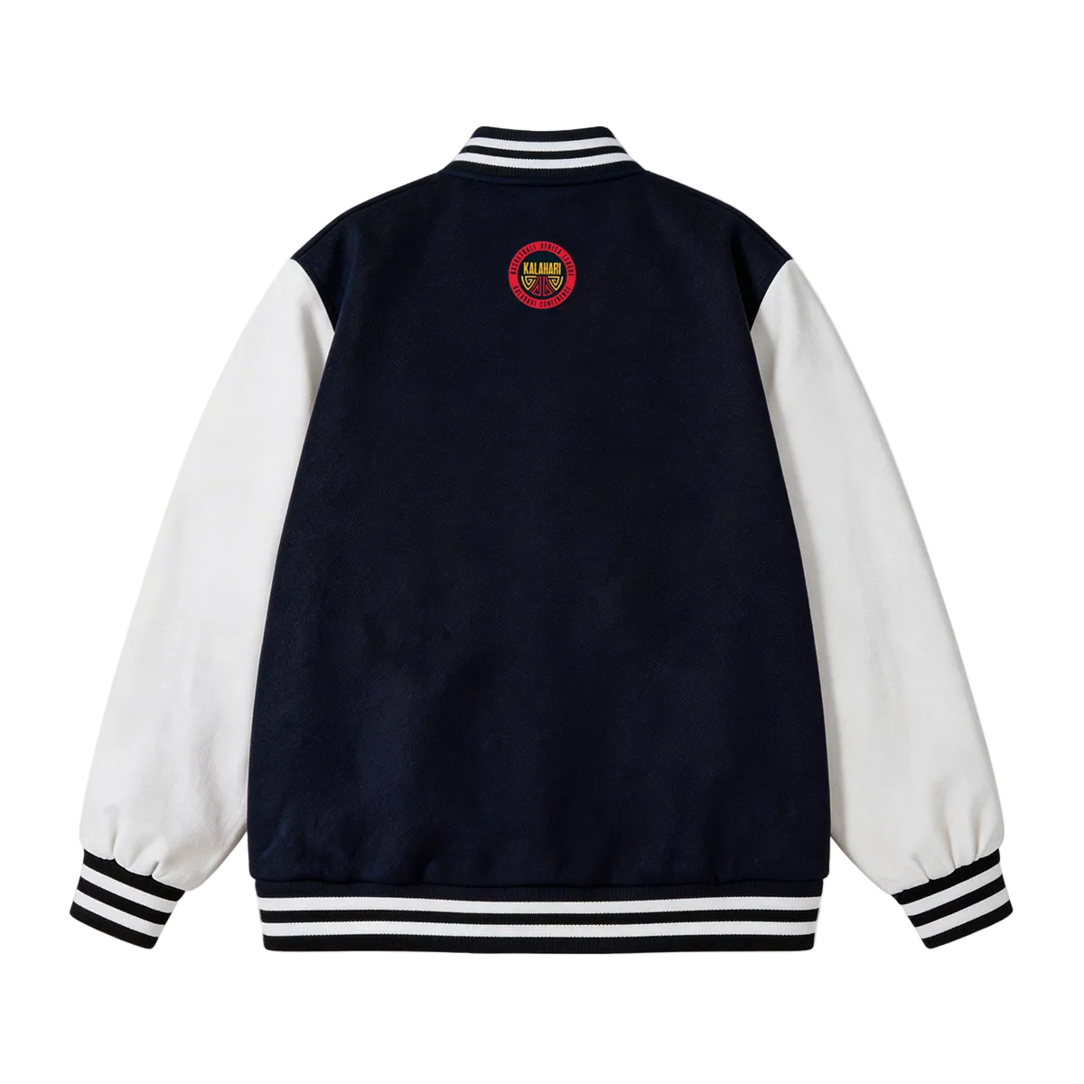 Navy and white varsity jacket with a logo on the back against a white background