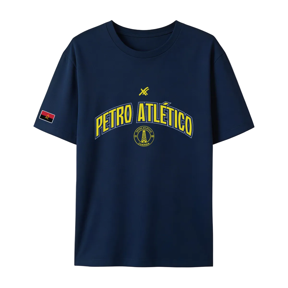 Navy blue t-shirt with 'Petro Atlético' logo on a white background