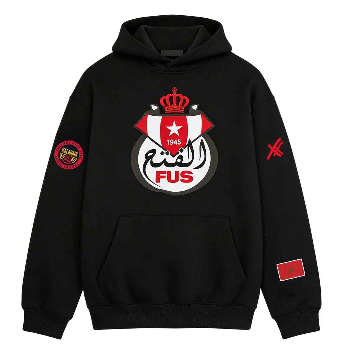 Black hoodie with FUS logo and patches on a white background