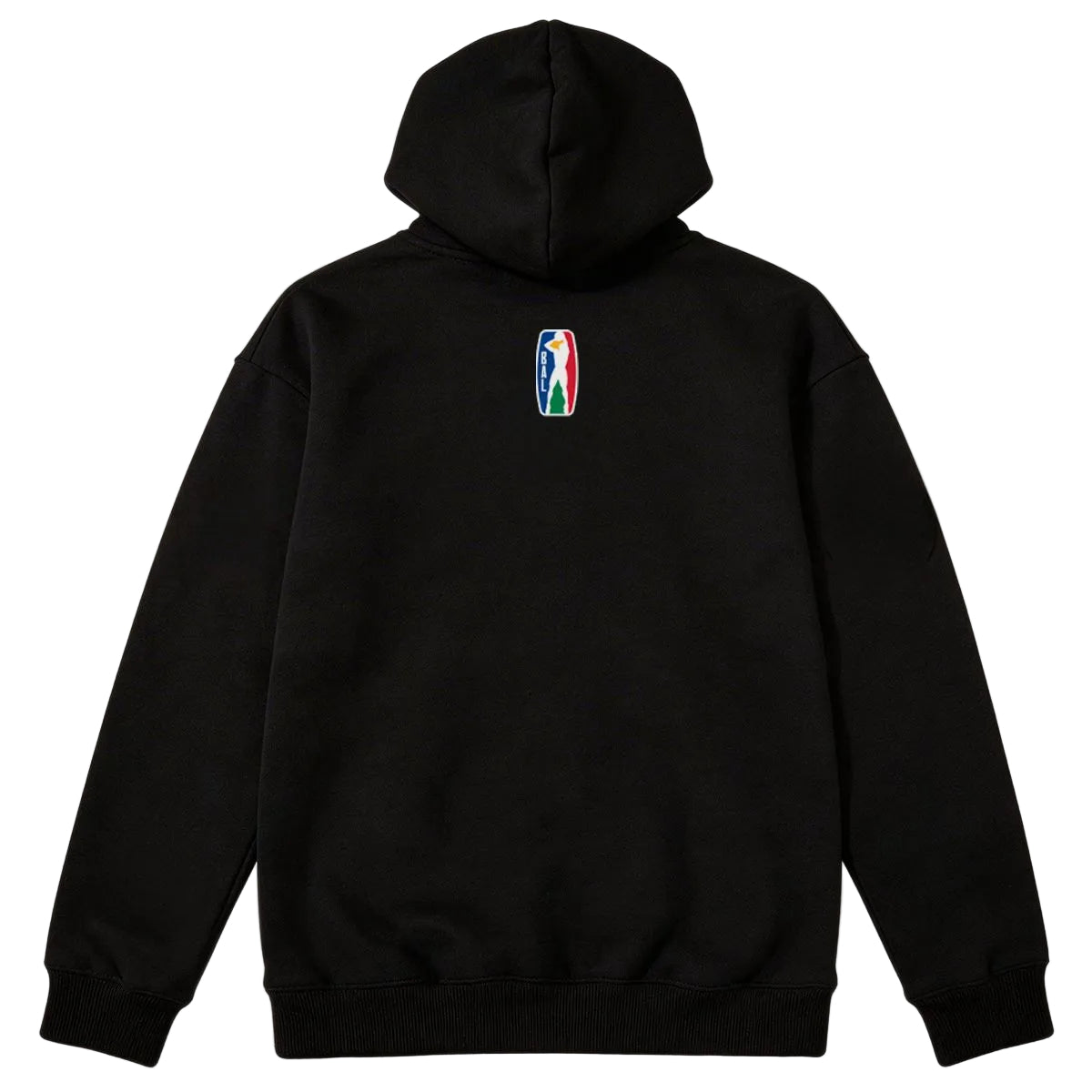 Black hoodie with a colorful logo on the back against a white background