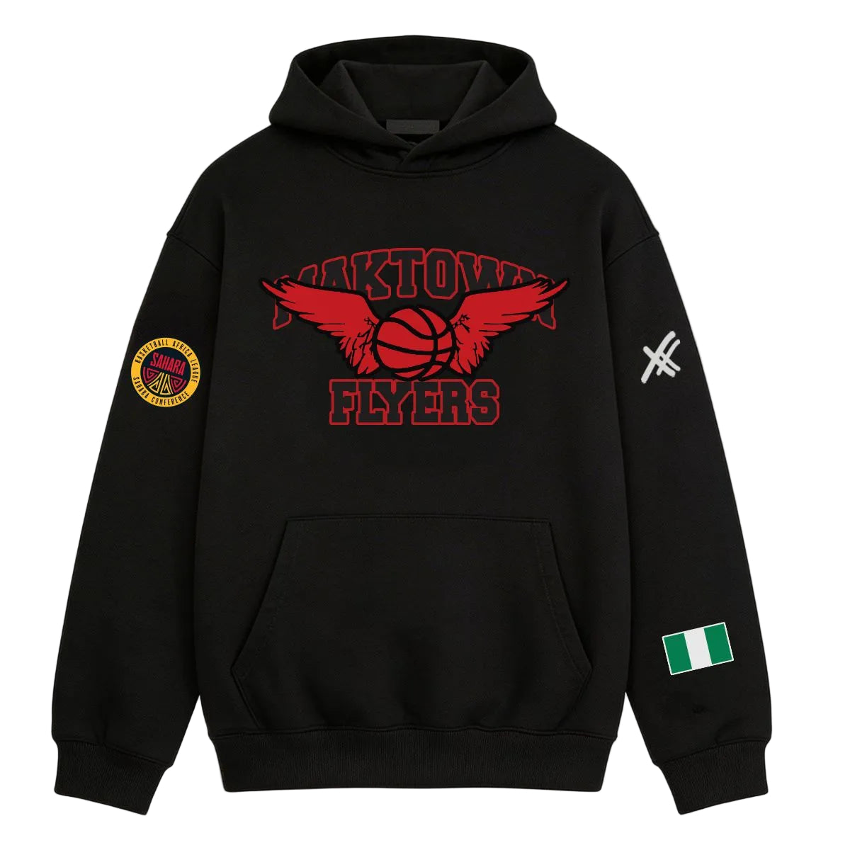 Black hoodie with red 'Oakton Flyers' design on a white background