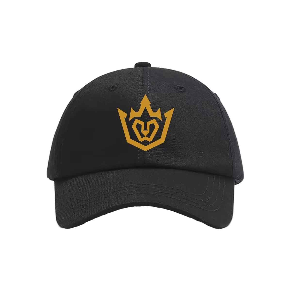 Black cap with a yellow logo on a white background