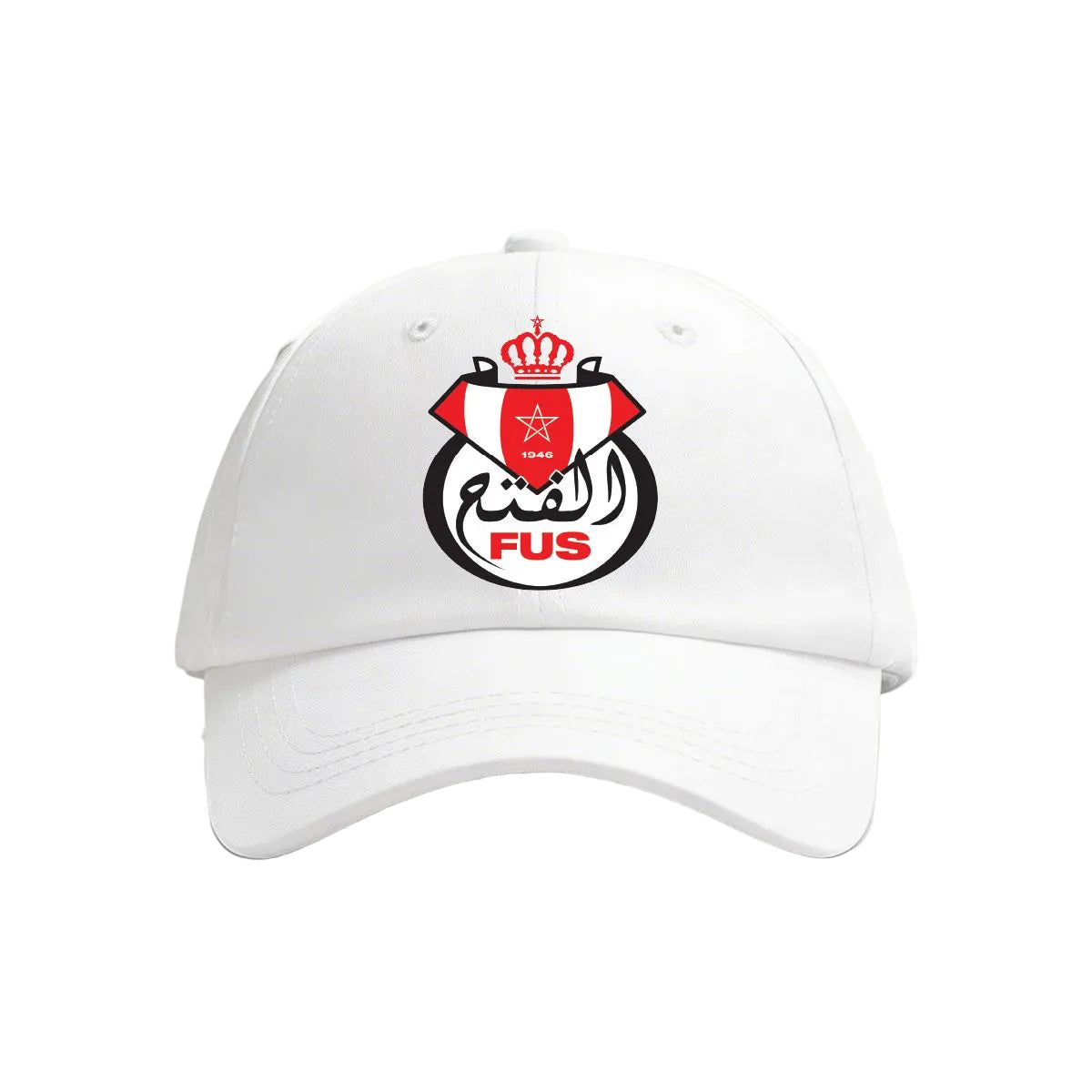 White cap with a logo featuring Arabic text and a red and white design on a white background