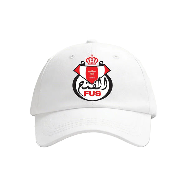 White cap with a logo featuring Arabic text and a red and white design on a white background